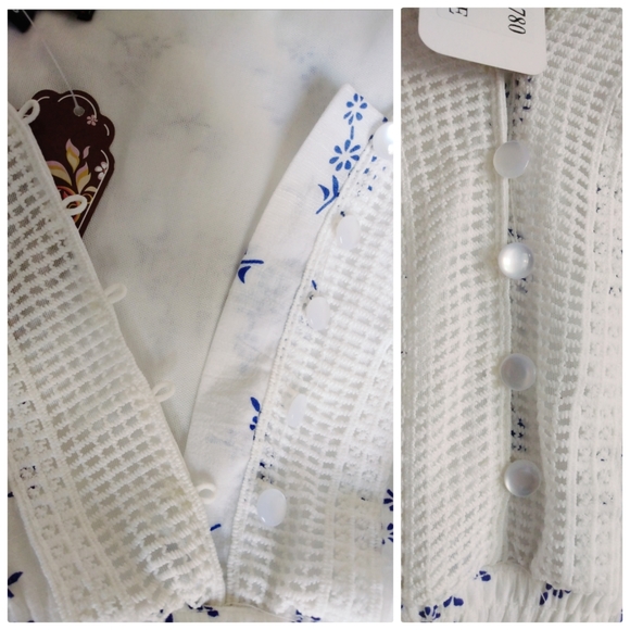 SOLD NEW White and Blue Floral Shirred Prairie Maxi Dress, Size S - Picture 5 of 8